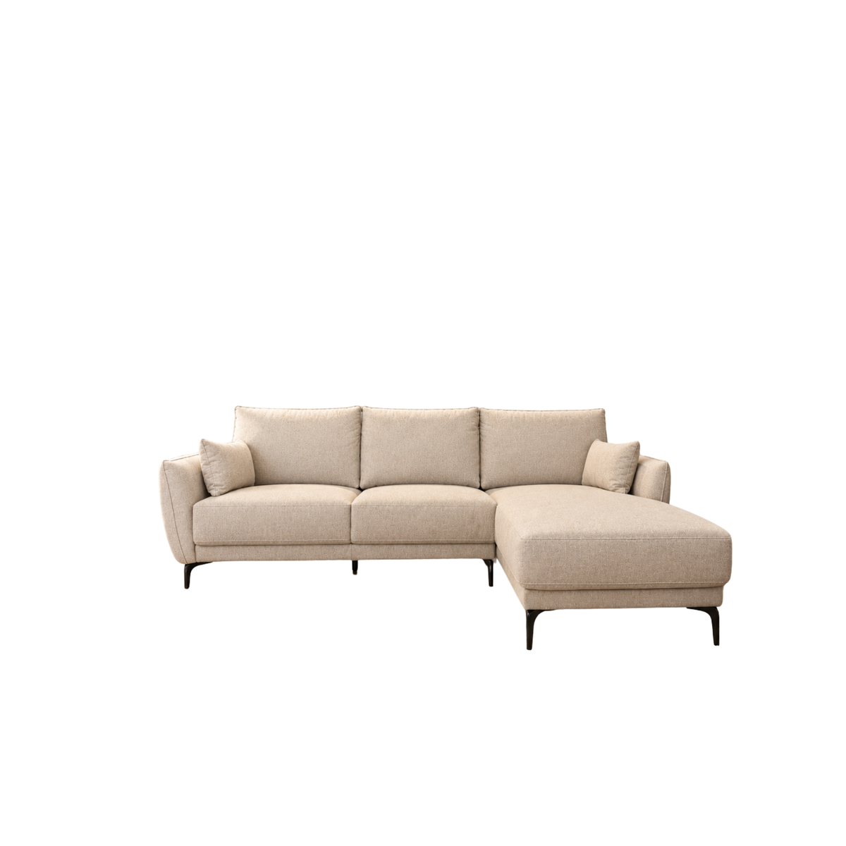A modern three-seat sectional sofa with a right-facing chaise lounge, upholstered in a textured light beige fabric, supported by slim black metal legs, shown against a plain white background.